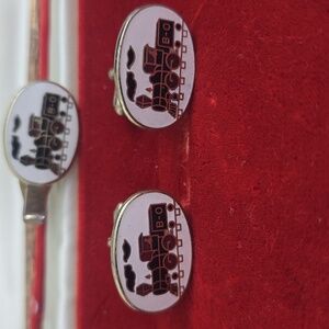 Vintage Train Design Cuff Links and Tie Clip Set